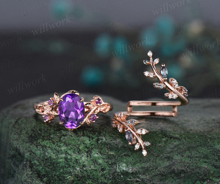 Vintage oval amethyst engagement ring nature inspired leaf amethyst ring wedding band enhancer twisted bridal ring set women