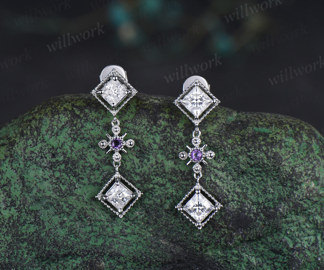Princess cut moissanite dangle earrings necklace square moissanite milgrain vintage cross amethyst earrings pendant jewelry set
