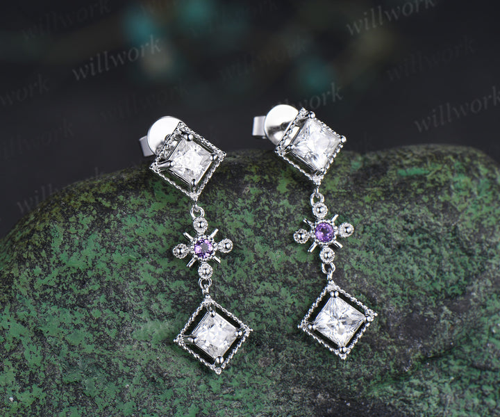 Princess cut moissanite dangle earrings necklace square moissanite milgrain vintage cross amethyst earrings pendant jewelry set