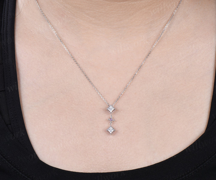 Princess cut moissanite dangle earrings necklace square moissanite milgrain vintage cross amethyst earrings pendant jewelry set
