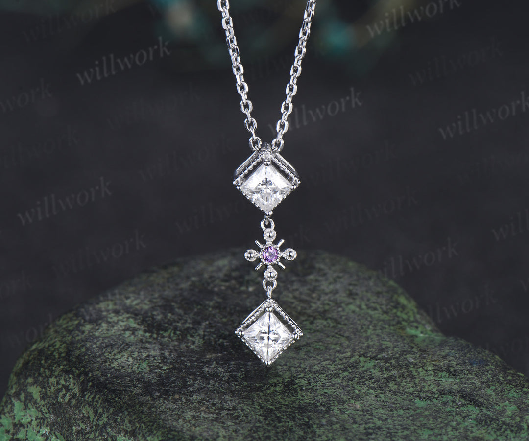 Princess cut moissanite dangle earrings necklace square moissanite milgrain vintage cross amethyst earrings pendant jewelry set