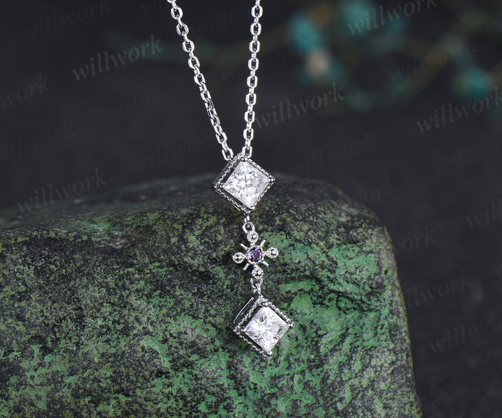 Princess cut moissanite dangle earrings necklace square moissanite milgrain vintage cross amethyst earrings pendant jewelry set
