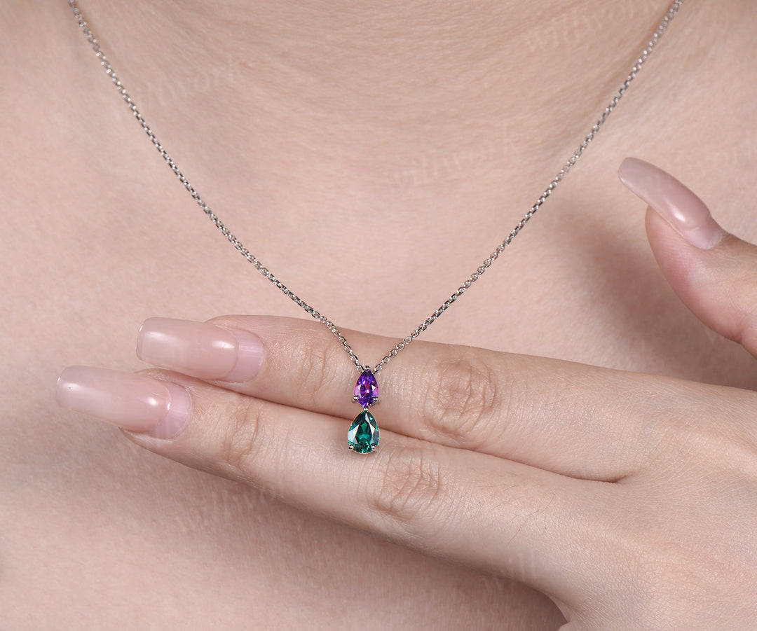 Romantic pear shape amethyst emerald 2-stone pendant necklace Toi et Moi necklace birthstone anniversary gifts
