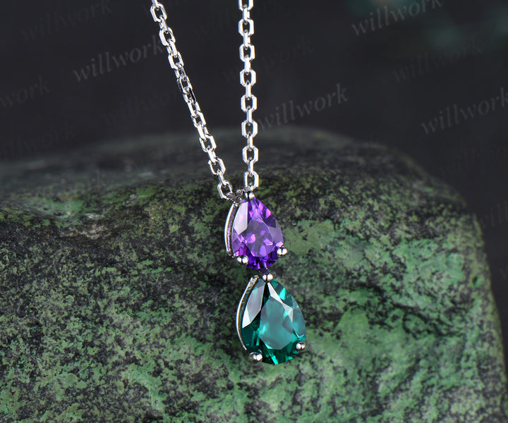 Romantic pear shape amethyst emerald 2-stone pendant necklace Toi et Moi necklace birthstone anniversary gifts