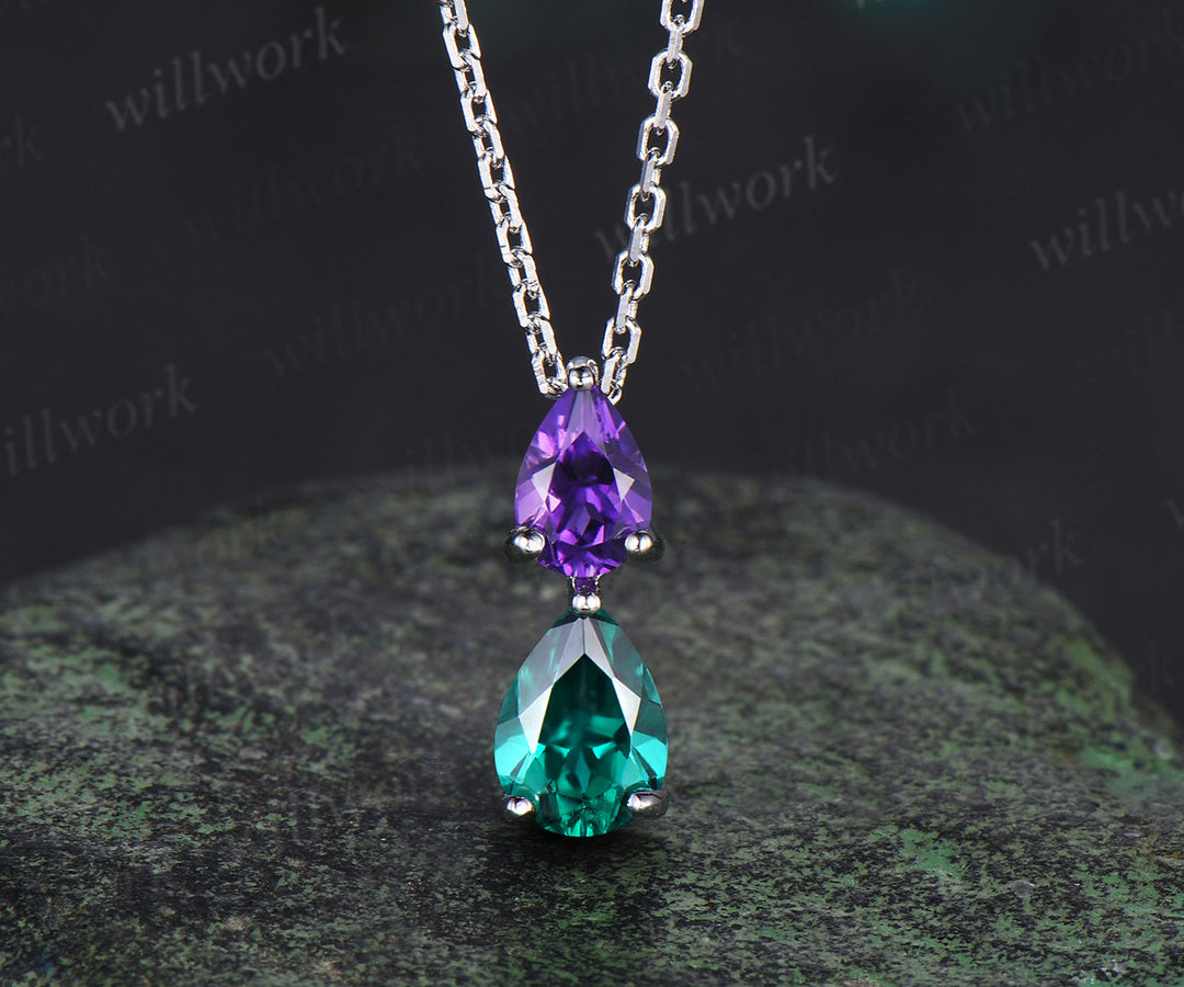 Romantic pear shape amethyst emerald 2-stone pendant necklace Toi et Moi necklace birthstone anniversary gifts