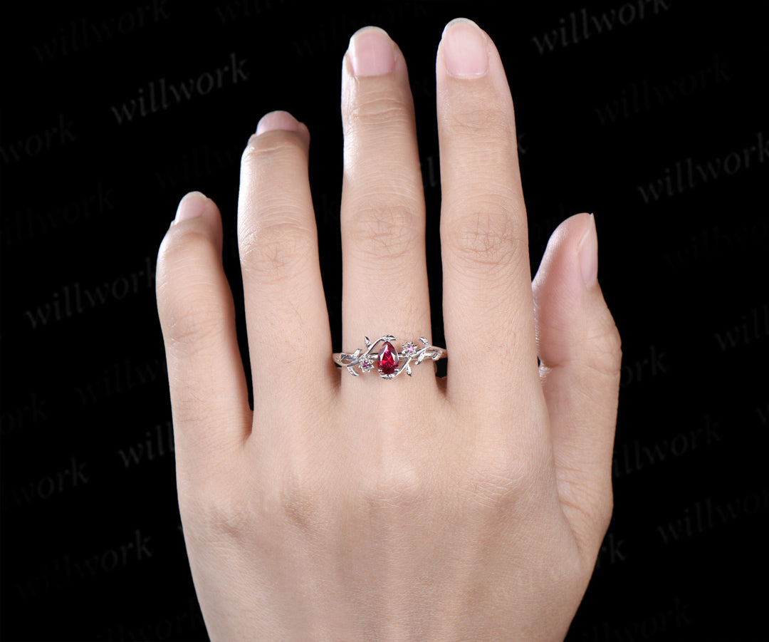 Pear ruby engagement ring natural inspired floral twig leaf ring minimalist ruby white gold promise ring for women
