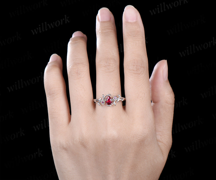 Pear ruby engagement ring natural inspired floral twig leaf ring minimalist ruby white gold promise ring for women