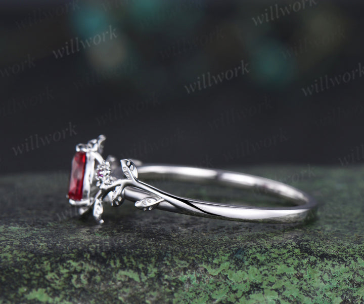 Pear ruby engagement ring natural inspired floral twig leaf ring minimalist ruby white gold promise ring for women