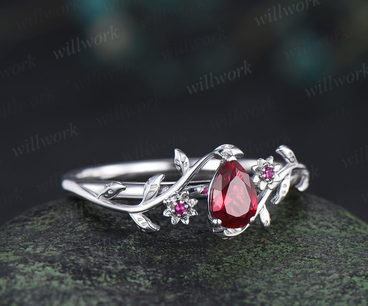 Pear ruby engagement ring natural inspired floral twig leaf ring minimalist ruby white gold promise ring for women