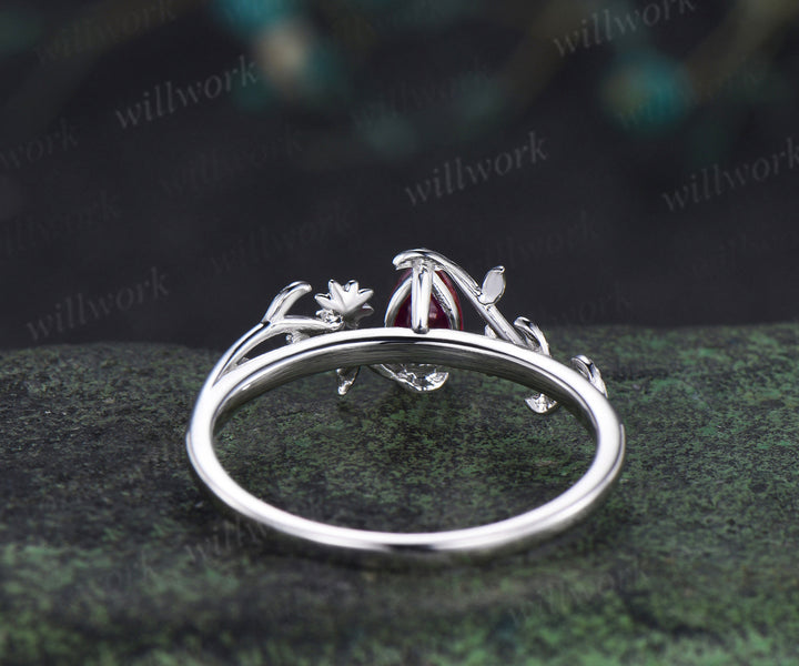 Pear ruby engagement ring natural inspired floral twig leaf ring minimalist ruby white gold promise ring for women