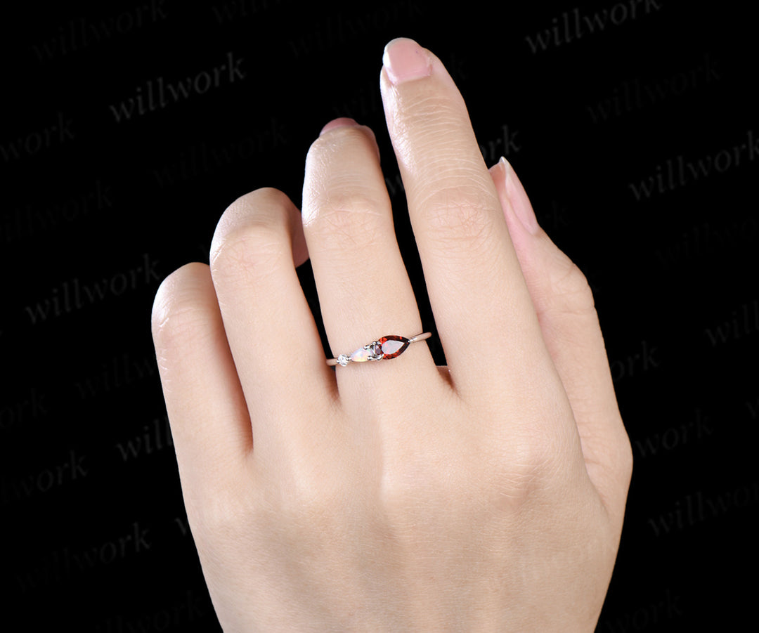 Each to west pear garnet ring dainty three stone opal engagement ring minimalist garnet ring for women jewelry gifts