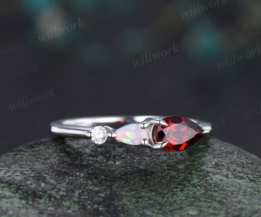 Each to west pear garnet ring dainty three stone opal engagement ring minimalist garnet ring for women jewelry gifts