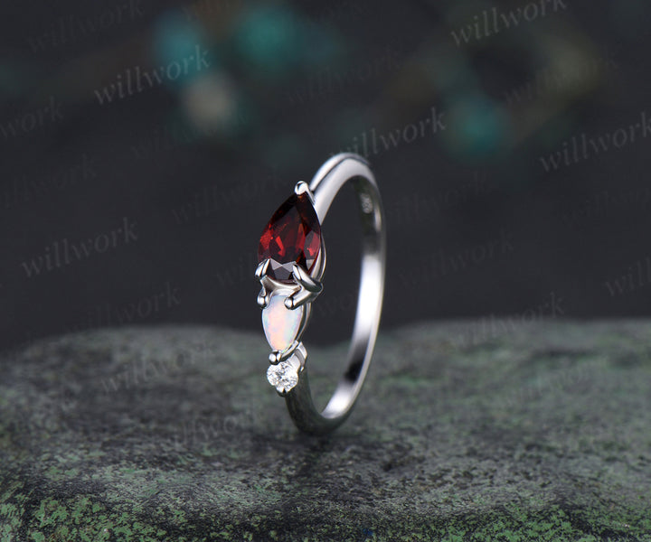 Each to west pear garnet ring dainty three stone opal engagement ring minimalist garnet ring for women jewelry gifts