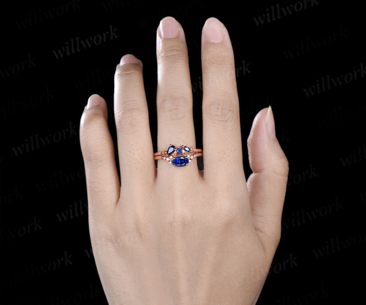 Oval blue sapphire engagement ring set moissanite cluster ring sapphire citrine stacking ring unique bridal set