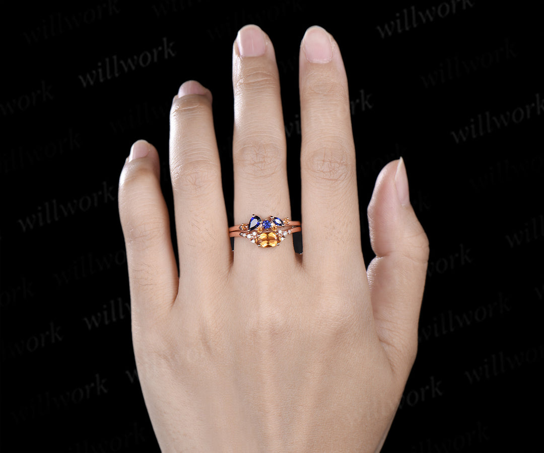 Oval citrine engagement ring set moissanite crystal cluster ring sapphire citrine stacking ring unique bridal set
