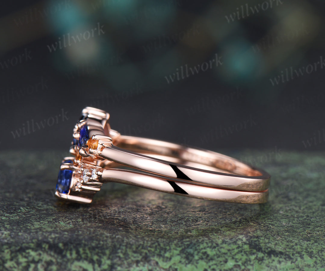 Oval blue sapphire engagement ring set moissanite cluster ring sapphire citrine stacking ring unique bridal set