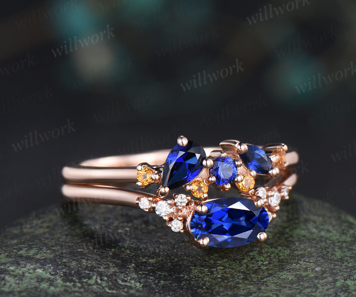 Oval blue sapphire engagement ring set moissanite cluster ring sapphire citrine stacking ring unique bridal set