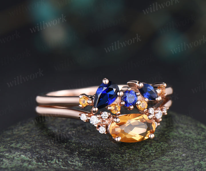 Oval citrine engagement ring set moissanite crystal cluster ring sapphire citrine stacking ring unique bridal set