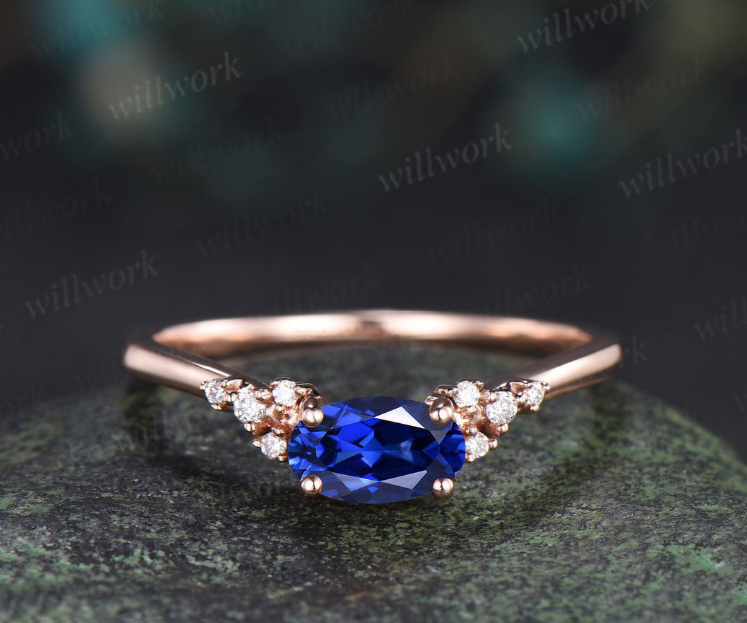 Oval blue sapphire engagement ring set moissanite cluster ring sapphire citrine stacking ring unique bridal set