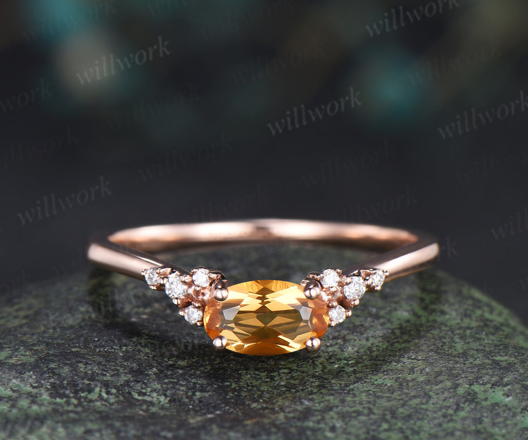 Oval citrine engagement ring set moissanite crystal cluster ring sapphire citrine stacking ring unique bridal set