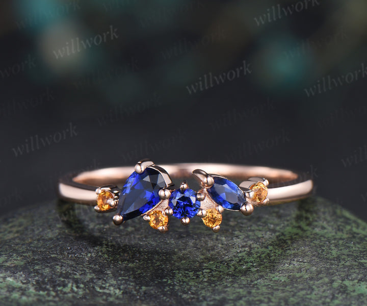 Oval blue sapphire engagement ring set moissanite cluster ring sapphire citrine stacking ring unique bridal set