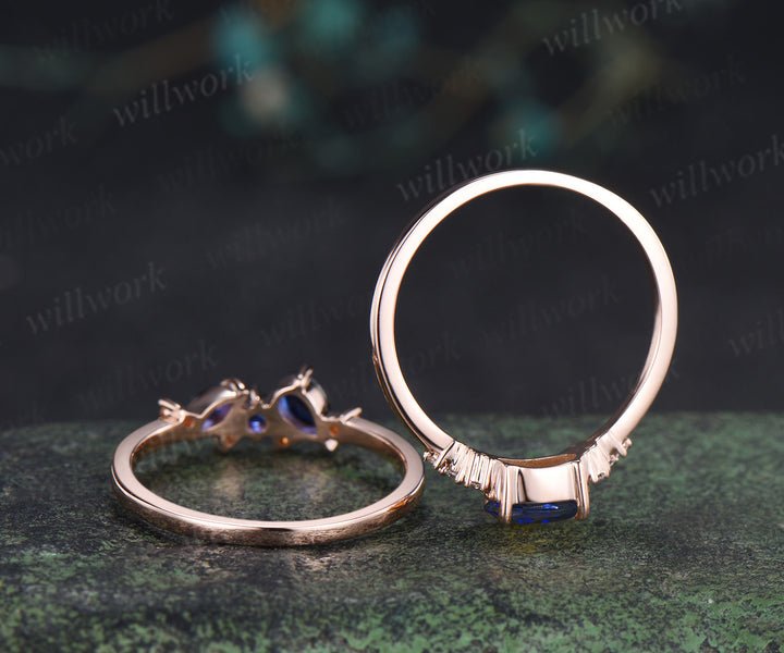 Oval blue sapphire engagement ring set moissanite cluster ring sapphire citrine stacking ring unique bridal set