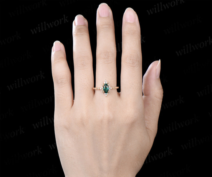 Marquise emerald engagement ring vintage cluster diamond ring wedding promise anniversary ring