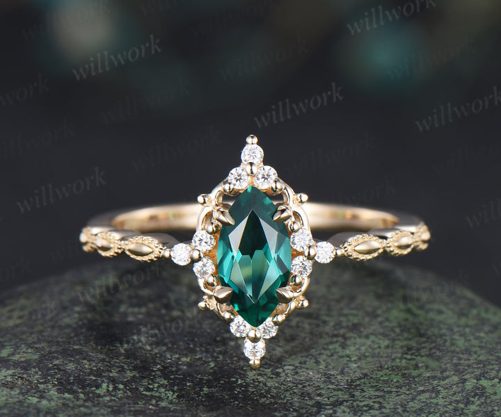 Marquise emerald engagement ring vintage cluster diamond ring wedding promise anniversary ring