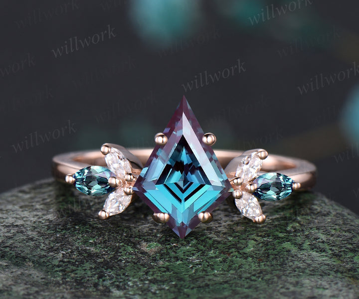 Unique June Birthstone Kite Alexandrite Engagement Ring Set 14k Rose Gold Moissanite Amethyst Bridal Ring Set