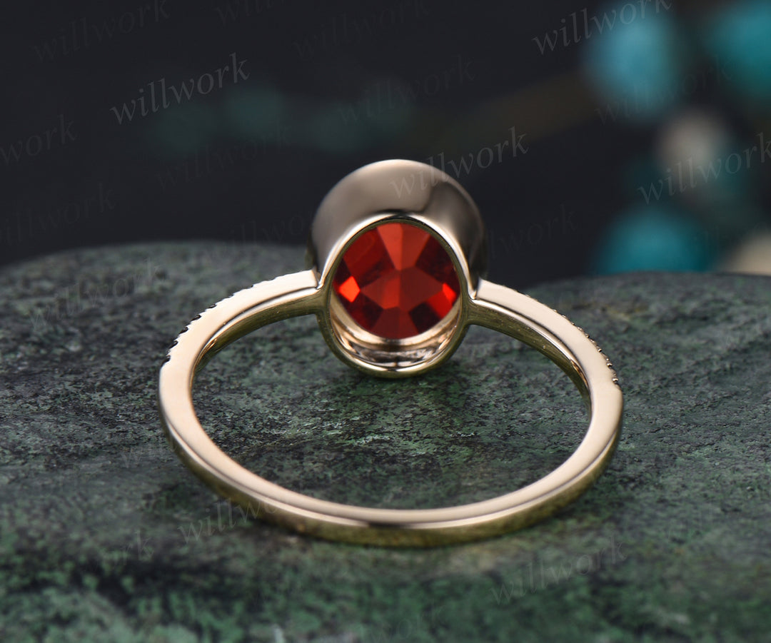 Oval Cut Red Ruby Engagement Ring Unique Black Spinel Diamond Half Eternity Ring Bezel Set Promise Ring