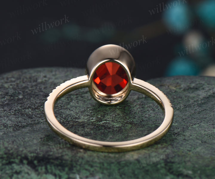 Oval Cut Red Ruby Engagement Ring Unique Black Spinel Diamond Half Eternity Ring Bezel Set Promise Ring