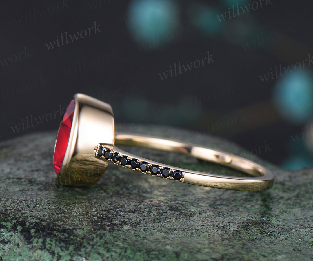 Oval Cut Red Ruby Engagement Ring Unique Black Spinel Diamond Half Eternity Ring Bezel Set Promise Ring