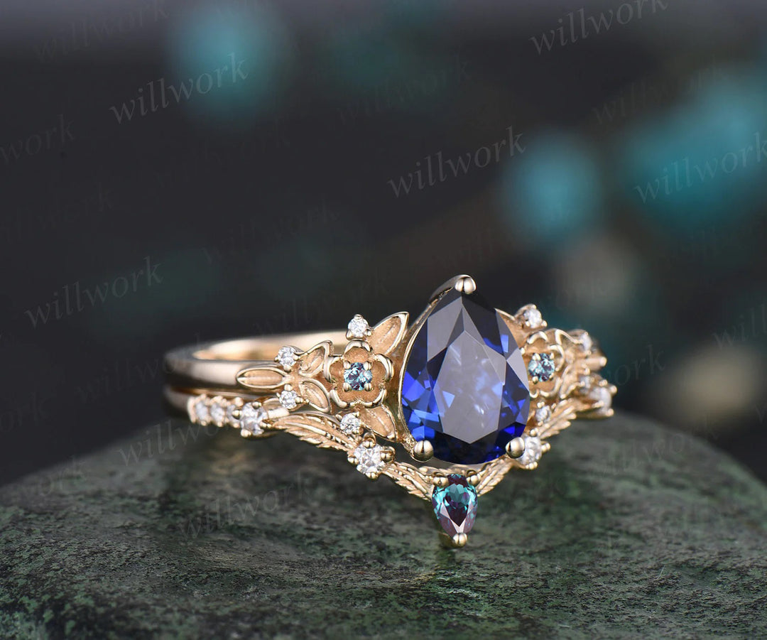 Unique Leaf Flower Nature Inspired Engagement Ring Set Art Deco September Birthstone Blue Sapphire Wedding Ring Alexandrite Moissanite 2pcs Bridal Ring Set
