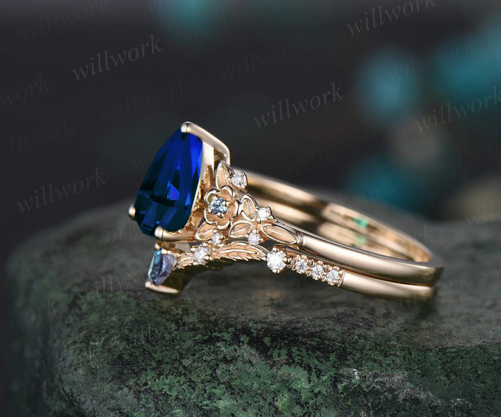 Unique Leaf Flower Nature Inspired Engagement Ring Set Art Deco September Birthstone Blue Sapphire Wedding Ring Alexandrite Moissanite 2pcs Bridal Ring Set