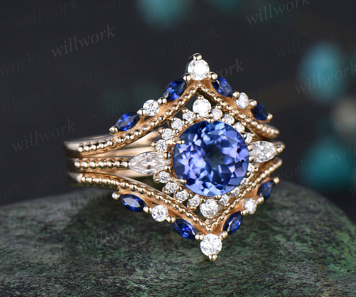 Vintage round natural tanzanite ring set unique moissanite halo milgrain ring curved matching bands yellow gold bridal set