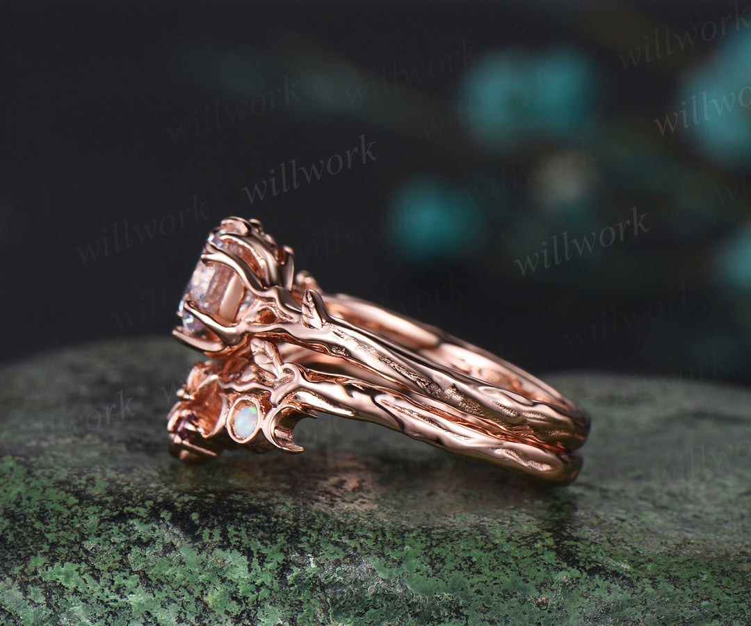 1ct Round IGI lab grown diamond Engagement Ring set rose gold Nature Inspired Textured Twig opal moon unique wedding ring set women