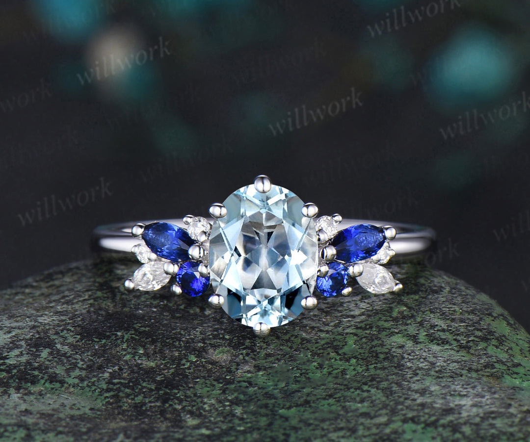 Oval cut aquamarine engagement ring 6 prong white gold cluster snowdrift sapphire bridal anniversary ring set women jewelry