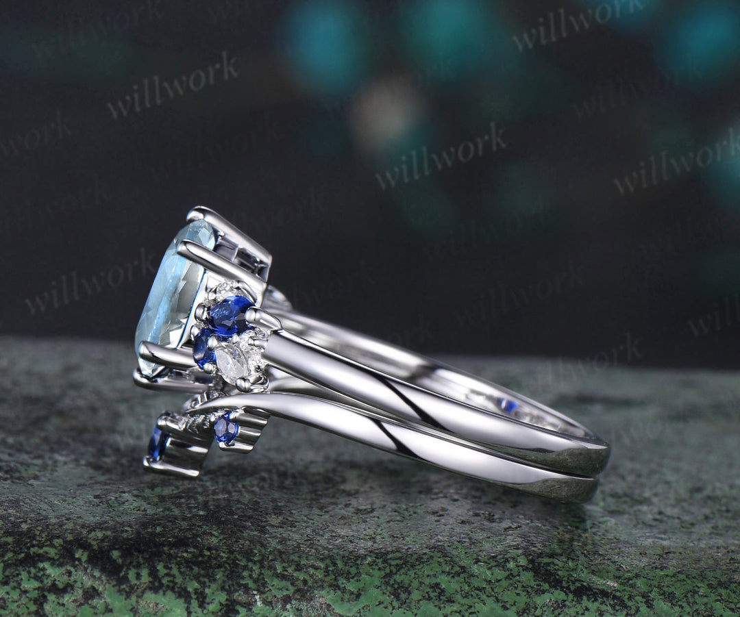 Oval cut aquamarine engagement ring 6 prong white gold cluster snowdrift sapphire bridal anniversary ring set women jewelry