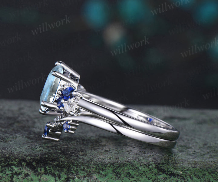 Oval cut aquamarine engagement ring 6 prong white gold cluster snowdrift sapphire bridal anniversary ring set women jewelry
