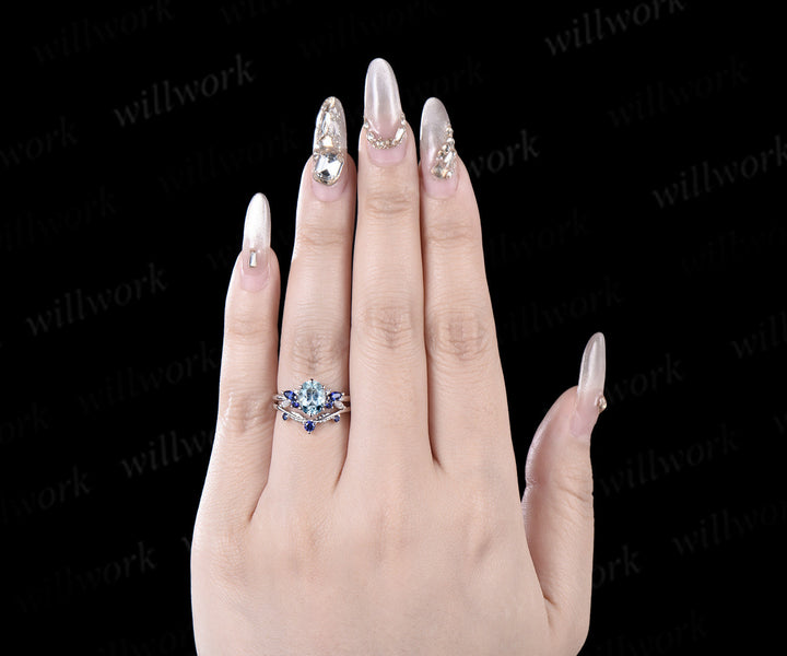 Oval cut aquamarine engagement ring 6 prong white gold cluster snowdrift sapphire bridal anniversary ring set women jewelry
