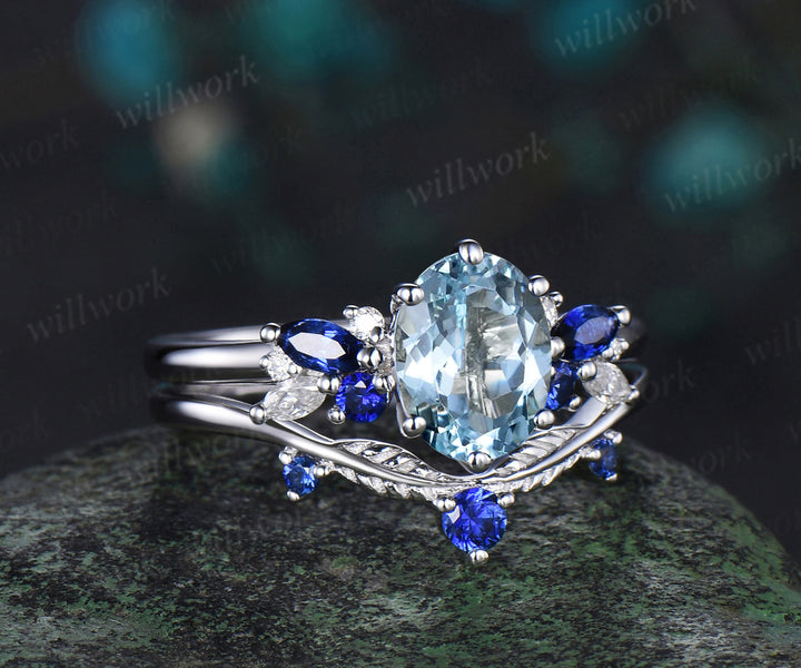 Oval cut aquamarine engagement ring 6 prong white gold cluster snowdrift sapphire bridal anniversary ring set women jewelry