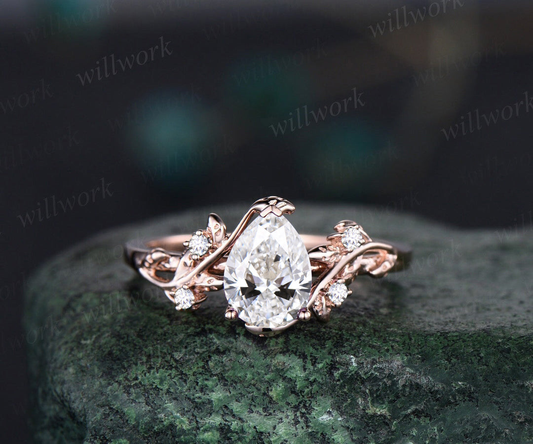 Pear IGI Lab Grown Diamond Engagement Ring Twig Leaf Nature Inspired Ring