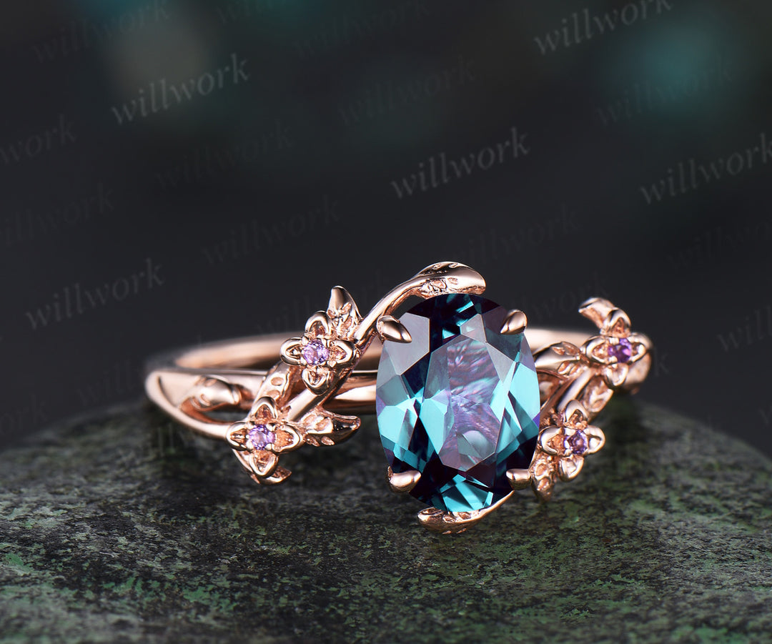 Oval cut alexandrite ring 14k rose gold floral leaf Nature Inspired Engagement Ring five stone wedding ring women
