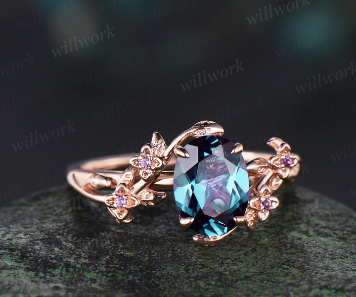 Oval cut alexandrite ring 14k rose gold floral leaf Nature Inspired Engagement Ring five stone wedding ring women