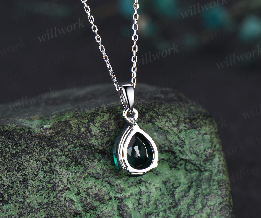Pear cut green emerald necklace 14k white gold vintage unique Personalized Solitaire pendant women her anniversary bridal gift mother
