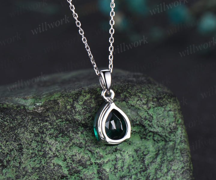Pear cut green emerald necklace 14k white gold vintage unique Personalized Solitaire pendant women her anniversary bridal gift mother