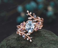 Vintage oval aquamarine engagement ring nature inspired leaf amethyst ring wedding band enhancer twisted bridal ring set women