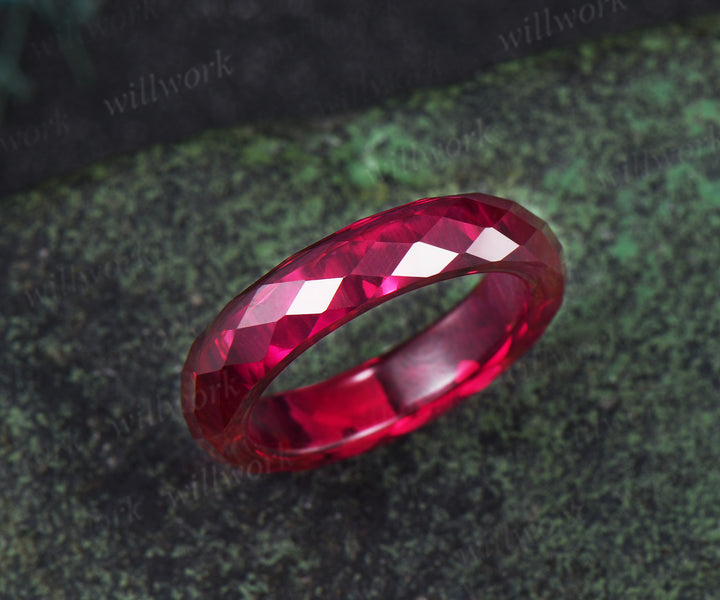 Briolette cut red ruby rough stone wedding band mens full eternity dainty ruby bridal engagement ring women July birthstone gift for him