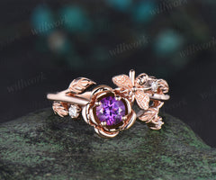 Vintage round cut amethyst engagement ring women solid 14k rose gold leaf honey bee four stone diamond anniversary ring gift