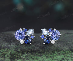 Dainty Round Cut Natural Tanzanite Stud Earrings 14K white Gold Blue Sapphire Aquamarine Cluster Multi-Stone Earrings December Birthstone Earrings
